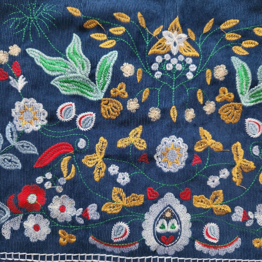 Blue Corduroy Floral Embroidered Skirt Lightweight Boho Prairie Cottagecore Cute - Picture 5 of 9